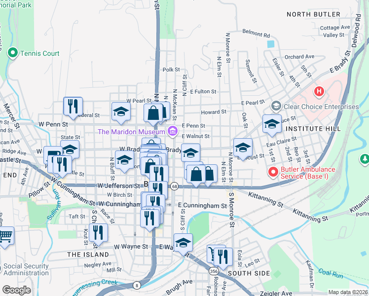 map of restaurants, bars, coffee shops, grocery stores, and more near 220-222 North Cliff Street in Butler