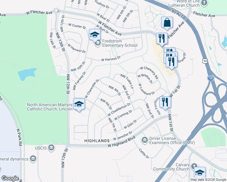 map of restaurants, bars, coffee shops, grocery stores, and more near 401 West Carrine Drive in Lincoln