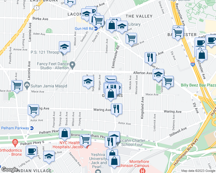 map of restaurants, bars, coffee shops, grocery stores, and more near 2505 Eastchester Road in Bronx