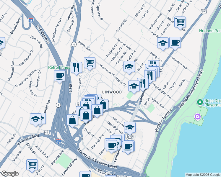 map of restaurants, bars, coffee shops, grocery stores, and more near 401 Park Place in Fort Lee