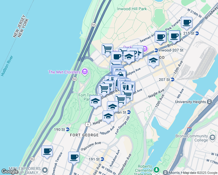 map of restaurants, bars, coffee shops, grocery stores, and more near 79 Arden Street in New York