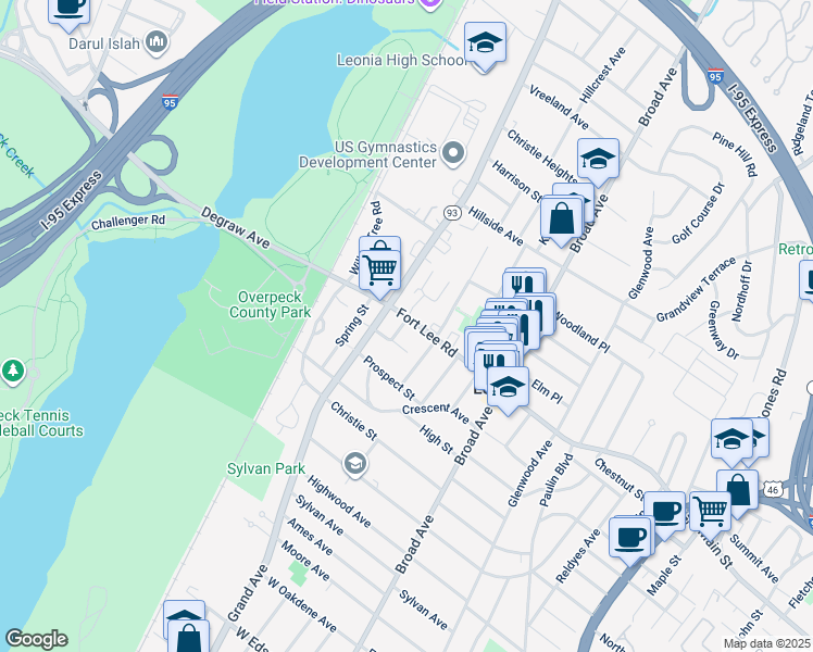 map of restaurants, bars, coffee shops, grocery stores, and more near in Leonia