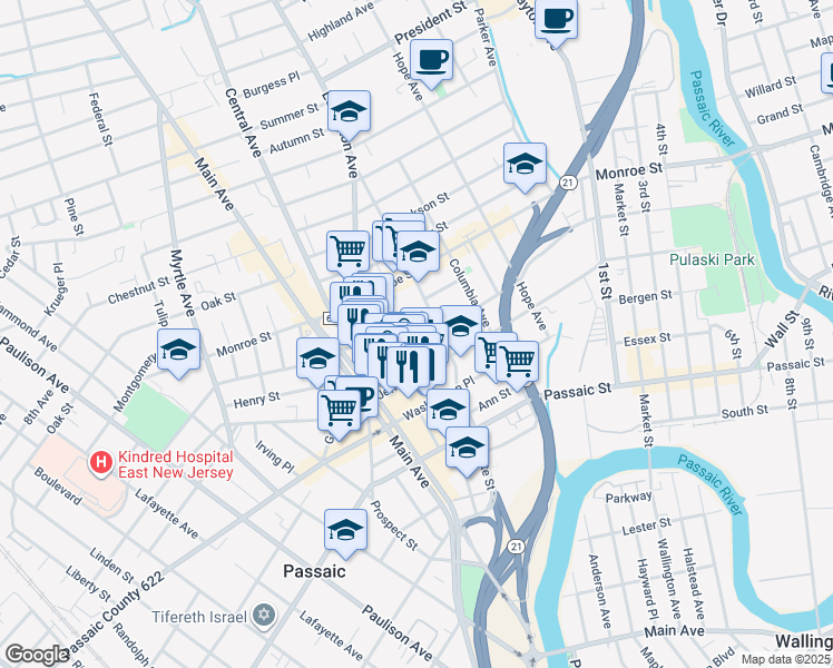 map of restaurants, bars, coffee shops, grocery stores, and more near 179 Madison Street in Passaic