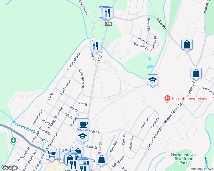 map of restaurants, bars, coffee shops, grocery stores, and more near 800 High Street in Hackettstown