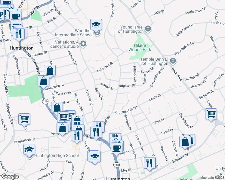 map of restaurants, bars, coffee shops, grocery stores, and more near 39 Virginia Avenue in Huntington