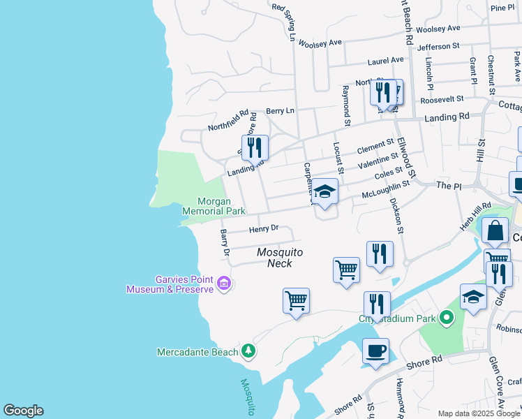 map of restaurants, bars, coffee shops, grocery stores, and more near 35 Henry Drive in Glen Cove