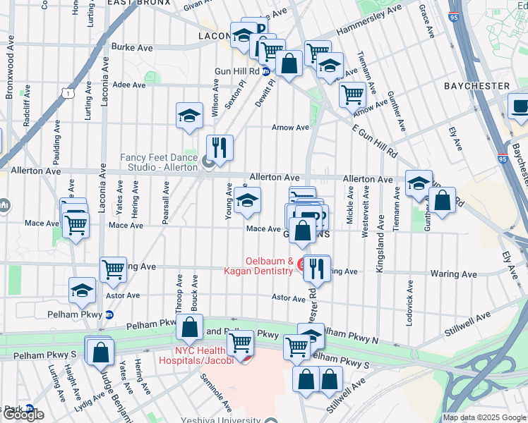 map of restaurants, bars, coffee shops, grocery stores, and more near 1375 Mace Avenue in The Bronx