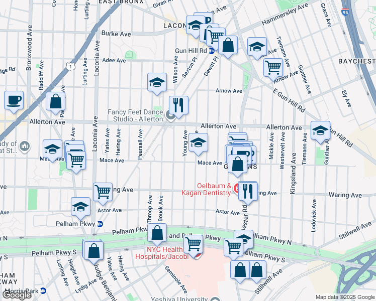 map of restaurants, bars, coffee shops, grocery stores, and more near 1325 Mace Avenue in Bronx