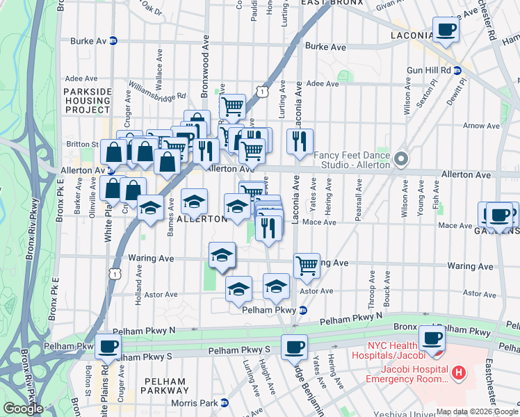map of restaurants, bars, coffee shops, grocery stores, and more near 1007 Mace Avenue in Bronx