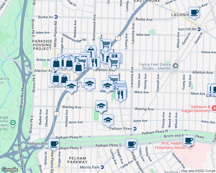 map of restaurants, bars, coffee shops, grocery stores, and more near 948 Mace Avenue in Bronx