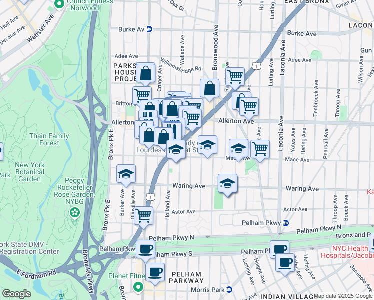 map of restaurants, bars, coffee shops, grocery stores, and more near 770 Mace Avenue in The Bronx