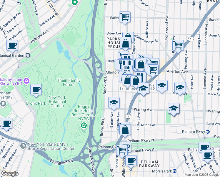 map of restaurants, bars, coffee shops, grocery stores, and more near 660 Mace Avenue in The Bronx
