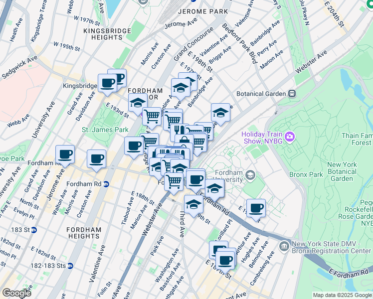 map of restaurants, bars, coffee shops, grocery stores, and more near in The Bronx