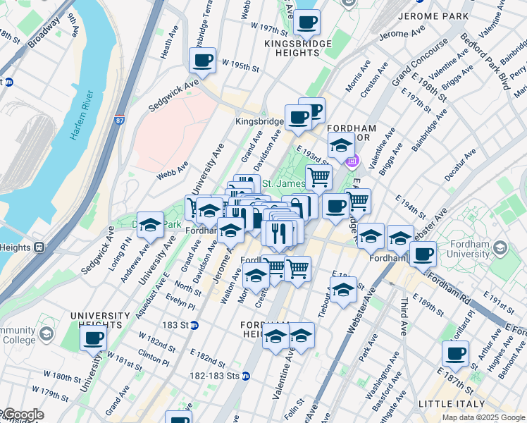 map of restaurants, bars, coffee shops, grocery stores, and more near 58 East 190th Street in Bronx