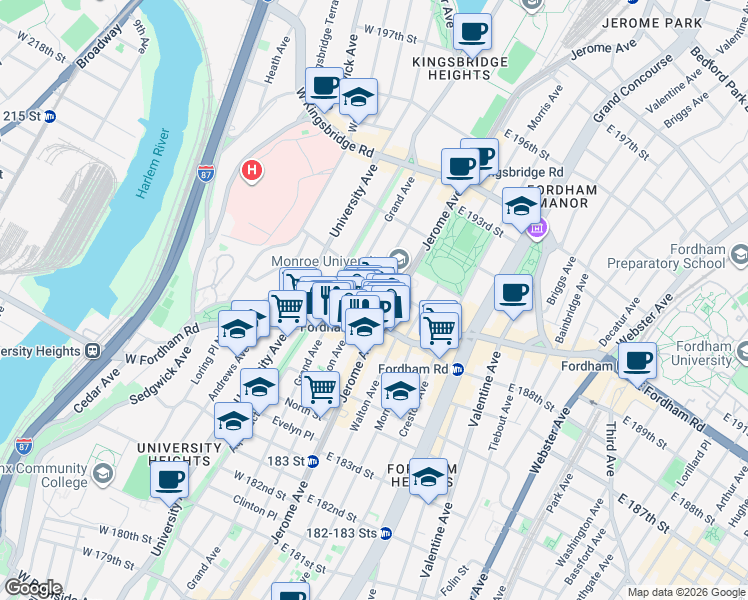 map of restaurants, bars, coffee shops, grocery stores, and more near 25 West Fordham Road in Bronx