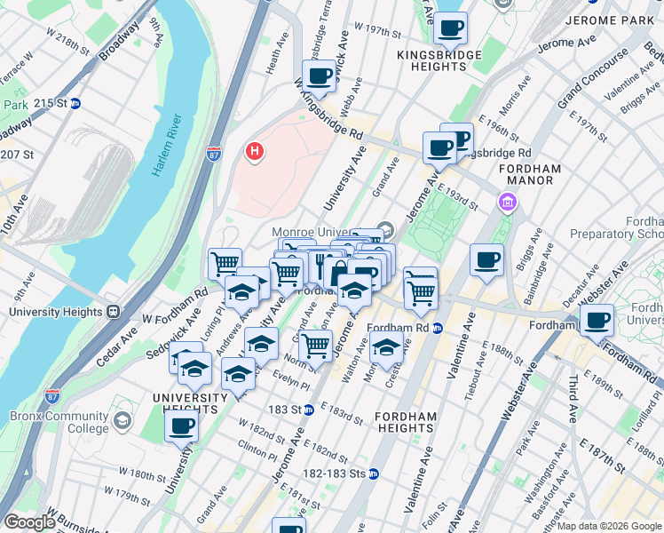 map of restaurants, bars, coffee shops, grocery stores, and more near 5363 West Fordham Road in Bronx