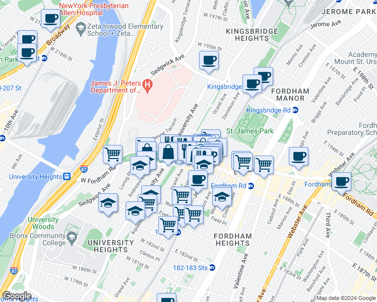 map of restaurants, bars, coffee shops, grocery stores, and more near 5363 West Fordham Road in Bronx