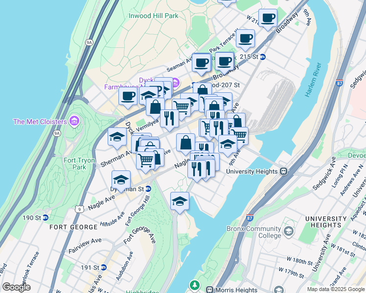 map of restaurants, bars, coffee shops, grocery stores, and more near 232 Nagle Avenue in New York