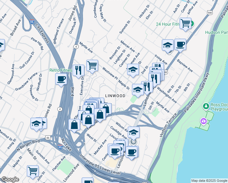 map of restaurants, bars, coffee shops, grocery stores, and more near 401 Park Place in Fort Lee