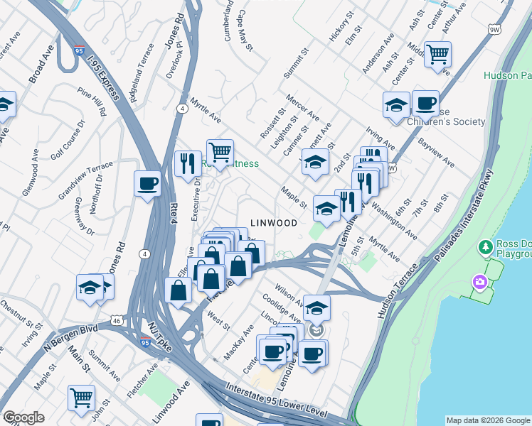 map of restaurants, bars, coffee shops, grocery stores, and more near 401 Park Place in Fort Lee