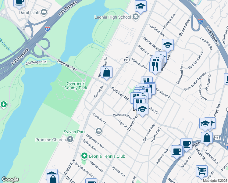 map of restaurants, bars, coffee shops, grocery stores, and more near in Leonia