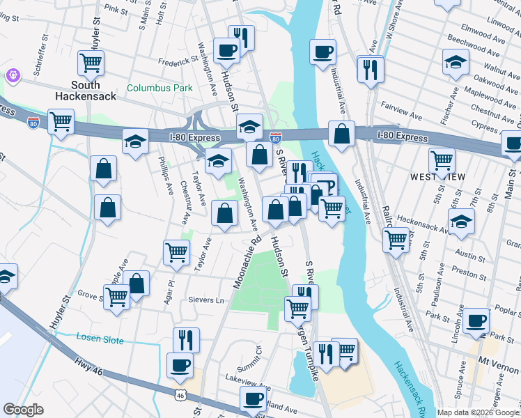 map of restaurants, bars, coffee shops, grocery stores, and more near 487 Hudson Street in Hackensack