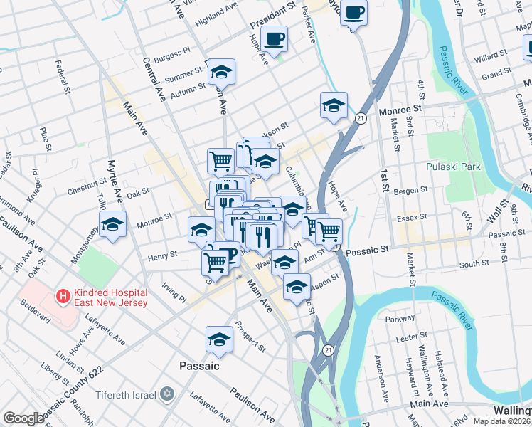 map of restaurants, bars, coffee shops, grocery stores, and more near 39 Hoover Avenue in Passaic