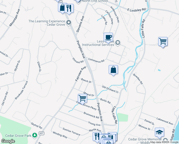 map of restaurants, bars, coffee shops, grocery stores, and more near 34 Beech Street in Cedar Grove