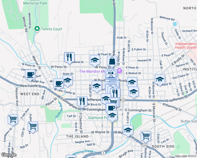 map of restaurants, bars, coffee shops, grocery stores, and more near 218 North Washington Street in Butler