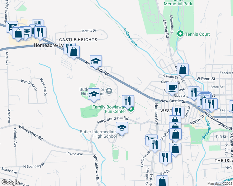 map of restaurants, bars, coffee shops, grocery stores, and more near 210 Campus Lane in Butler