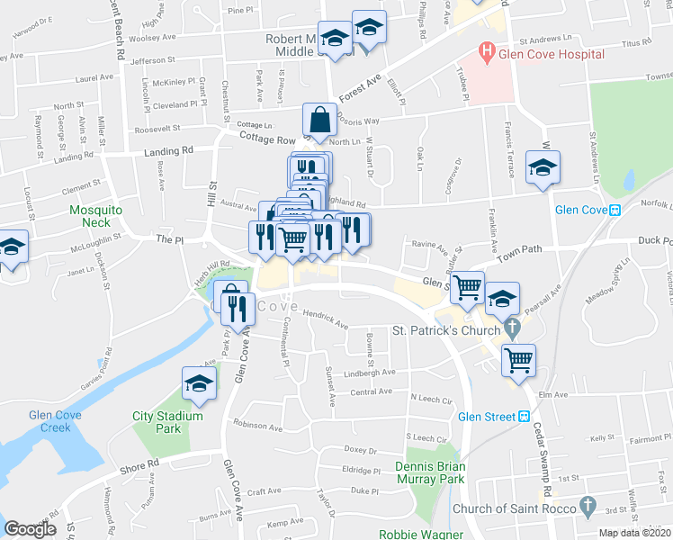 map of restaurants, bars, coffee shops, grocery stores, and more near 7 Pratt Boulevard in Glen Cove