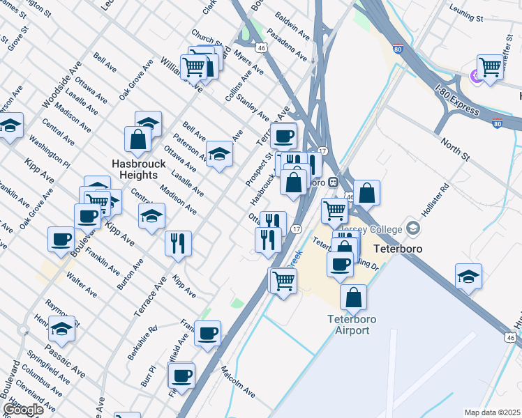 map of restaurants, bars, coffee shops, grocery stores, and more near 94 Hillside Avenue in Hasbrouck Heights