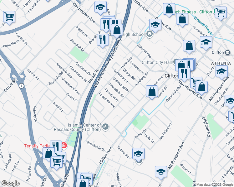 map of restaurants, bars, coffee shops, grocery stores, and more near 21 Forest Way in Clifton