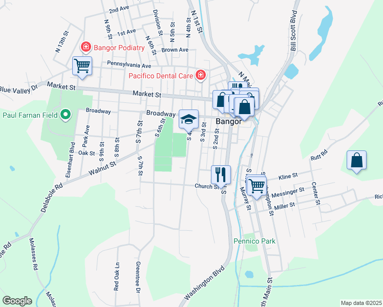 map of restaurants, bars, coffee shops, grocery stores, and more near 323 South 4th Street in Bangor