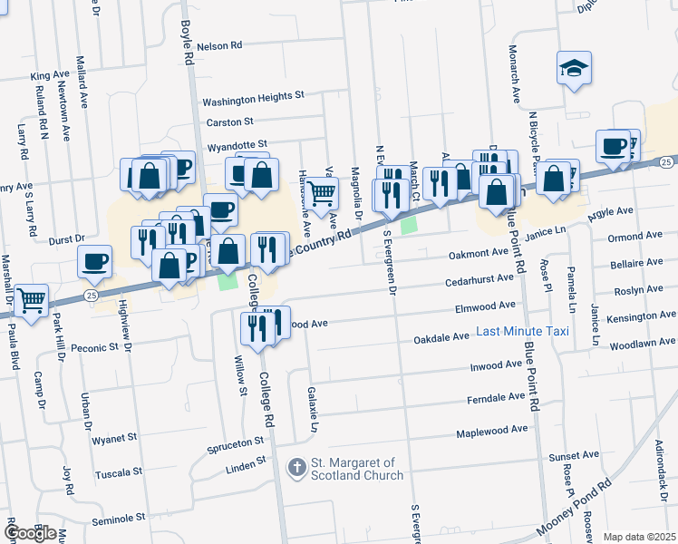 map of restaurants, bars, coffee shops, grocery stores, and more near 86 Oakmont Avenue in Selden