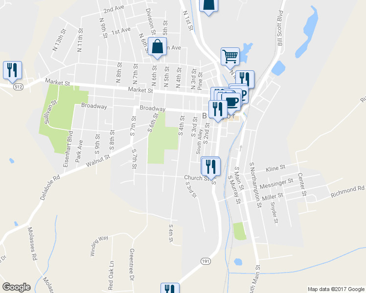 map of restaurants, bars, coffee shops, grocery stores, and more near 323 South 4th Street in Bangor
