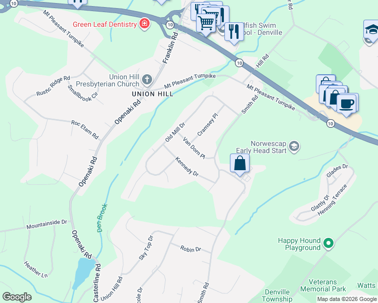 map of restaurants, bars, coffee shops, grocery stores, and more near 5 Van Dorn Place in Denville
