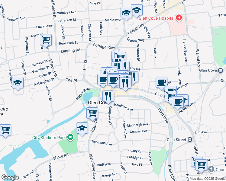 map of restaurants, bars, coffee shops, grocery stores, and more near 1 Pratt Boulevard in Glen Cove