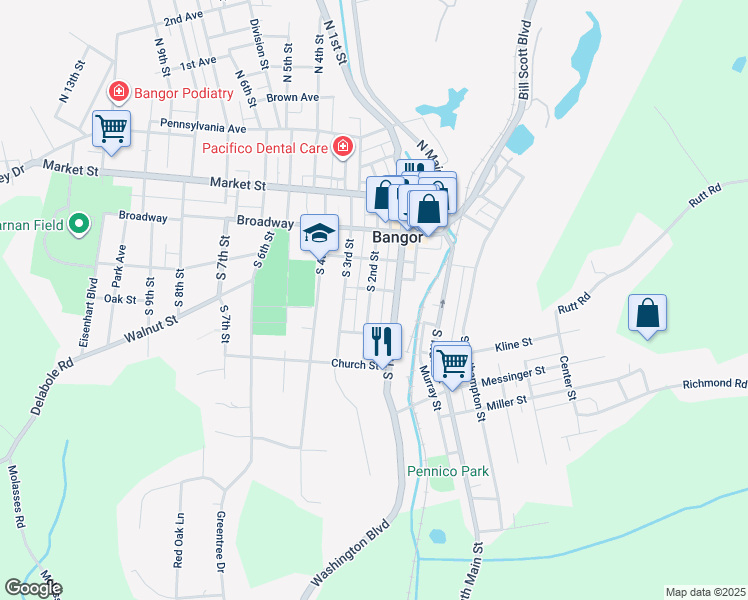 map of restaurants, bars, coffee shops, grocery stores, and more near 315 South 2nd Street in Bangor