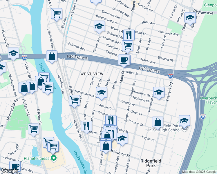 map of restaurants, bars, coffee shops, grocery stores, and more near 22 8th Street in Ridgefield Park