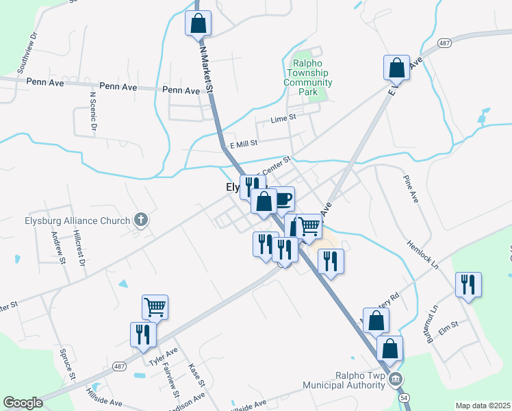map of restaurants, bars, coffee shops, grocery stores, and more near 6-98 South Maple Street in Elysburg