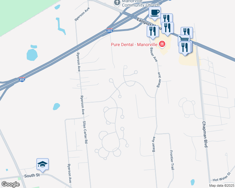 map of restaurants, bars, coffee shops, grocery stores, and more near 122 Owls Nest Court in Manorville