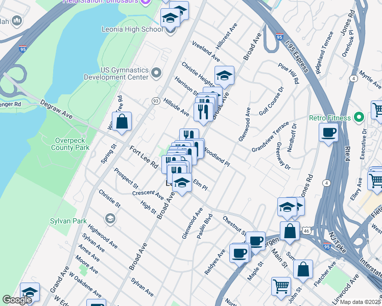 map of restaurants, bars, coffee shops, grocery stores, and more near 380 Broad Avenue in Leonia