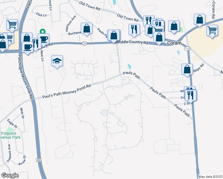 map of restaurants, bars, coffee shops, grocery stores, and more near 30 Birchwood Road in Coram