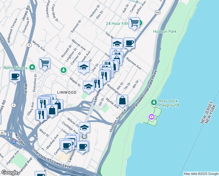 map of restaurants, bars, coffee shops, grocery stores, and more near 2439 5th Street in Fort Lee