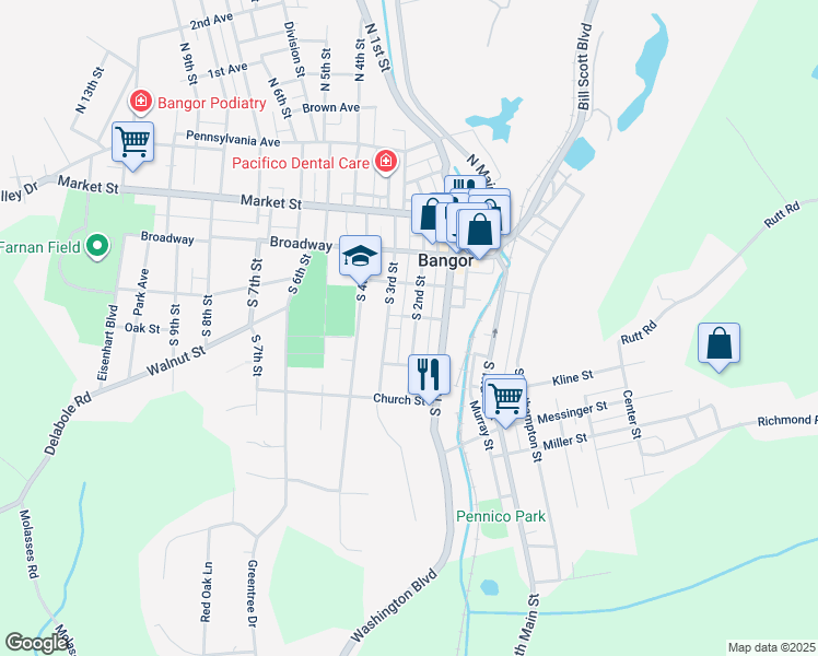 map of restaurants, bars, coffee shops, grocery stores, and more near 316 South 2nd Street in Bangor