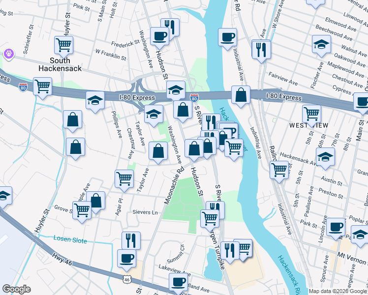map of restaurants, bars, coffee shops, grocery stores, and more near 487 Hudson Street in Hackensack