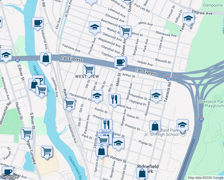 map of restaurants, bars, coffee shops, grocery stores, and more near 353 Main Street in Ridgefield Park