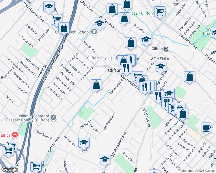 map of restaurants, bars, coffee shops, grocery stores, and more near 1 Kowal Street in Clifton
