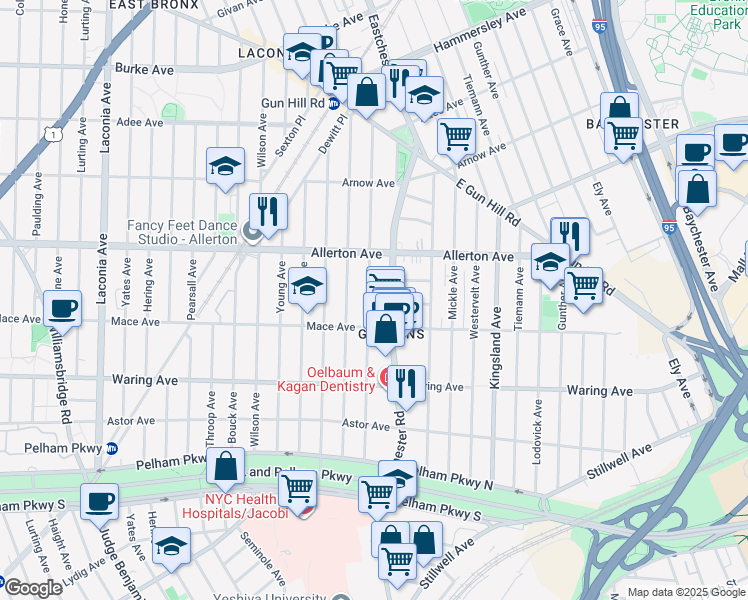map of restaurants, bars, coffee shops, grocery stores, and more near in The Bronx